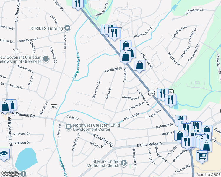 map of restaurants, bars, coffee shops, grocery stores, and more near 127 Rasor Drive in Greenville