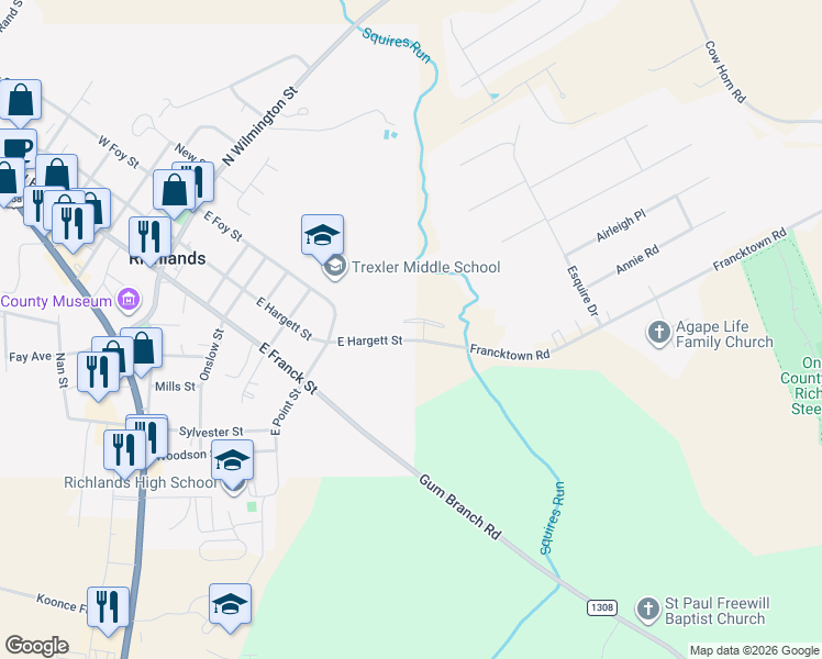 map of restaurants, bars, coffee shops, grocery stores, and more near 255 Winstead Street in Richlands