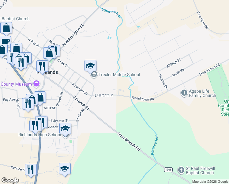 map of restaurants, bars, coffee shops, grocery stores, and more near 255 Winstead Street in Richlands