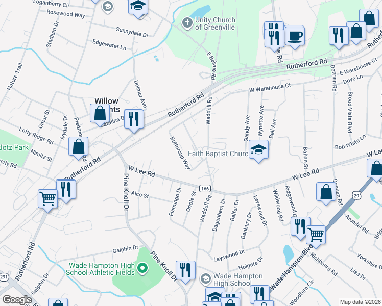 map of restaurants, bars, coffee shops, grocery stores, and more near 108 Shockley Street in Taylors