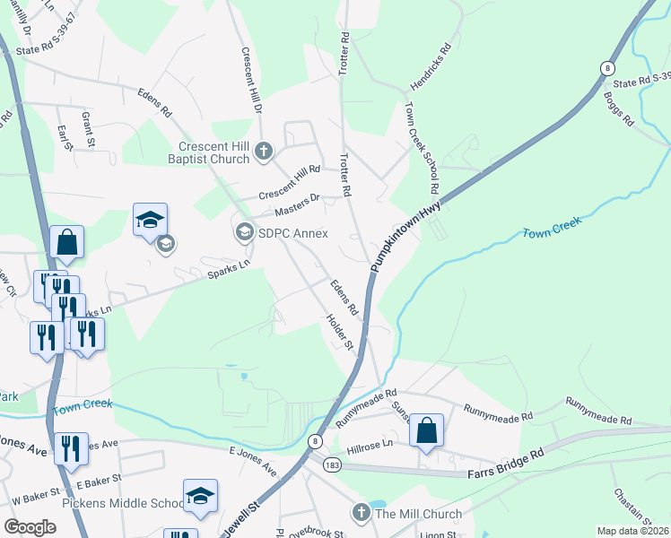 map of restaurants, bars, coffee shops, grocery stores, and more near 119 Joy Drive in Pickens