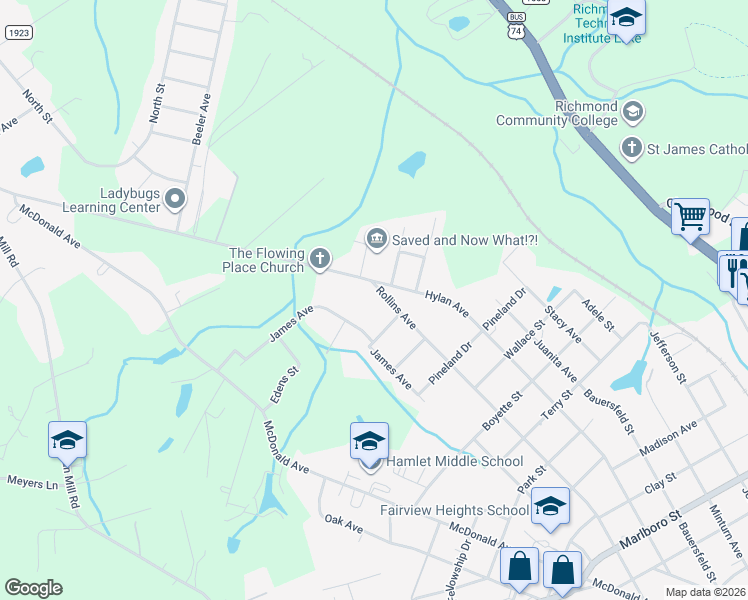 map of restaurants, bars, coffee shops, grocery stores, and more near 1204 Rollins Avenue in Hamlet