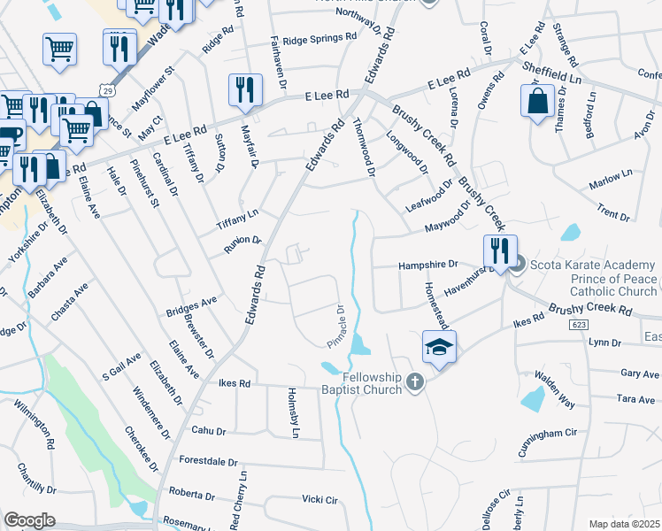 map of restaurants, bars, coffee shops, grocery stores, and more near 410 Pinnacle Drive in Taylors