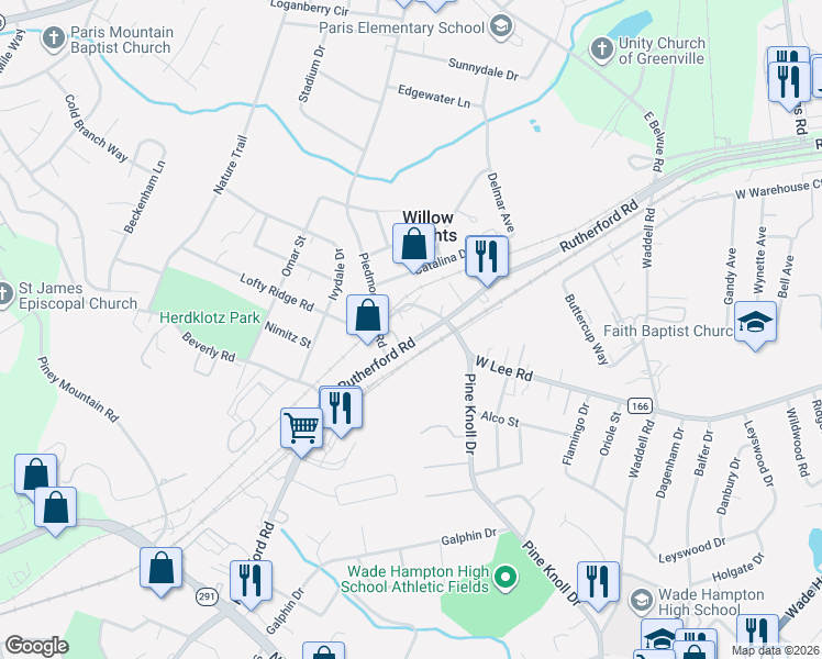 map of restaurants, bars, coffee shops, grocery stores, and more near 12 Scenic Drive in Greenville