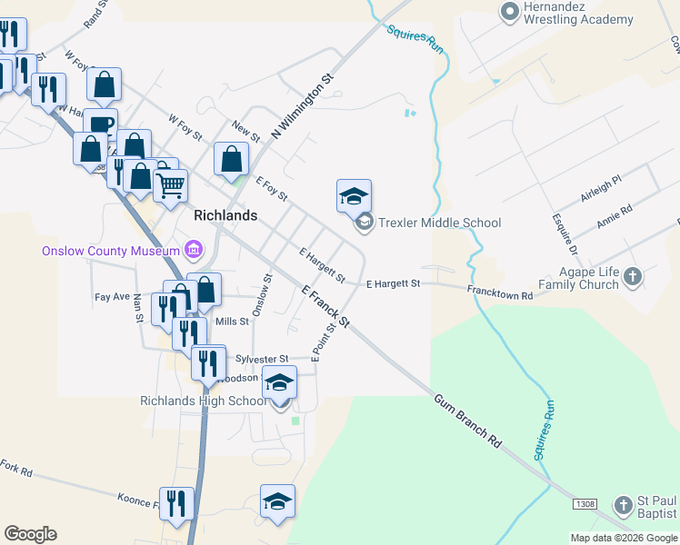 map of restaurants, bars, coffee shops, grocery stores, and more near 508 East Hargett Street in Richlands