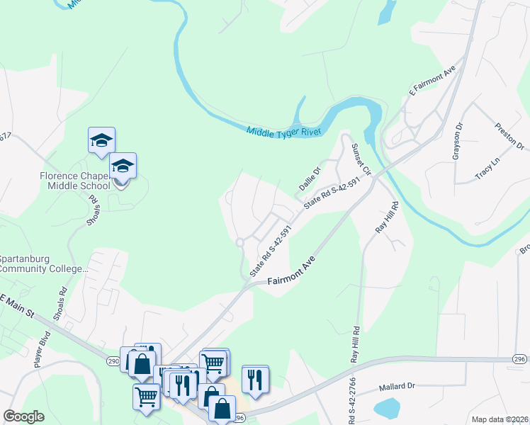 map of restaurants, bars, coffee shops, grocery stores, and more near 628 Munchberry Way in Spartanburg