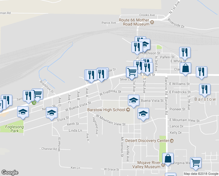 map of restaurants, bars, coffee shops, grocery stores, and more near 401 West Fredricks Street in Barstow
