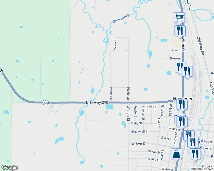 map of restaurants, bars, coffee shops, grocery stores, and more near 15 Pickle Lane in Heavener