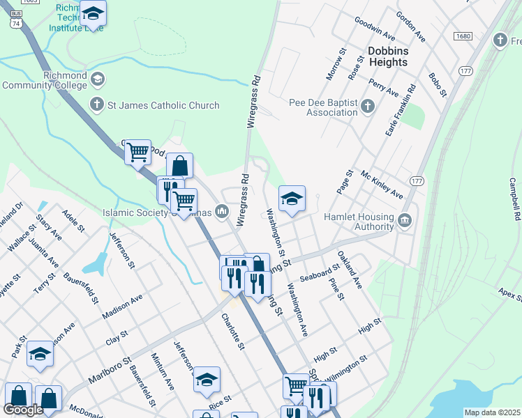 map of restaurants, bars, coffee shops, grocery stores, and more near 805 Washington Street in Hamlet