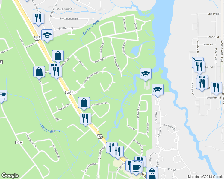 map of restaurants, bars, coffee shops, grocery stores, and more near 602 Salem Court in Havelock