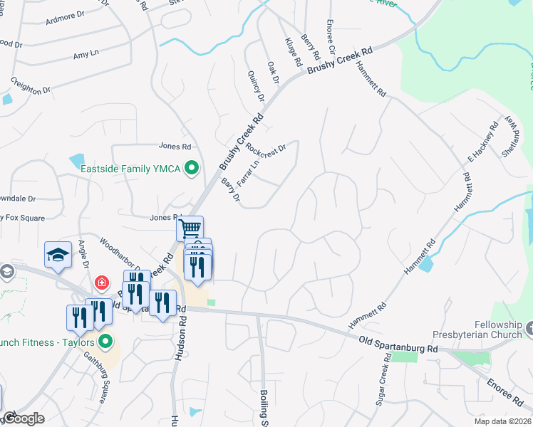 map of restaurants, bars, coffee shops, grocery stores, and more near 210 Barry Drive in Greer