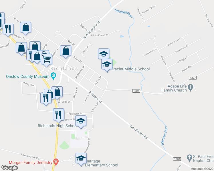 map of restaurants, bars, coffee shops, grocery stores, and more near Lucile Britt Winstead Road in Richlands