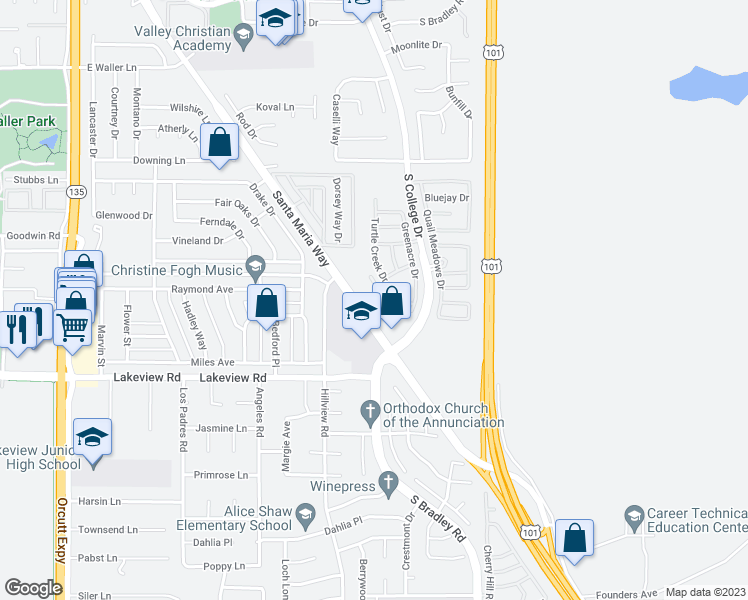 map of restaurants, bars, coffee shops, grocery stores, and more near 3420 Santa Maria Way in Santa Maria