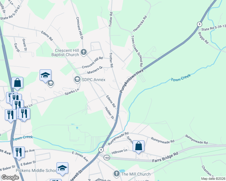 map of restaurants, bars, coffee shops, grocery stores, and more near 119 Joy Drive in Pickens