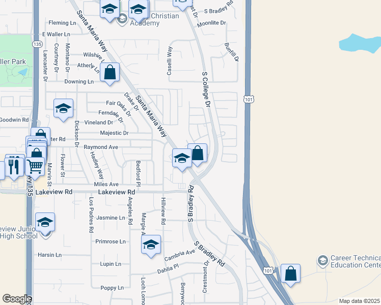 map of restaurants, bars, coffee shops, grocery stores, and more near 3420 Santa Maria Way in Santa Maria