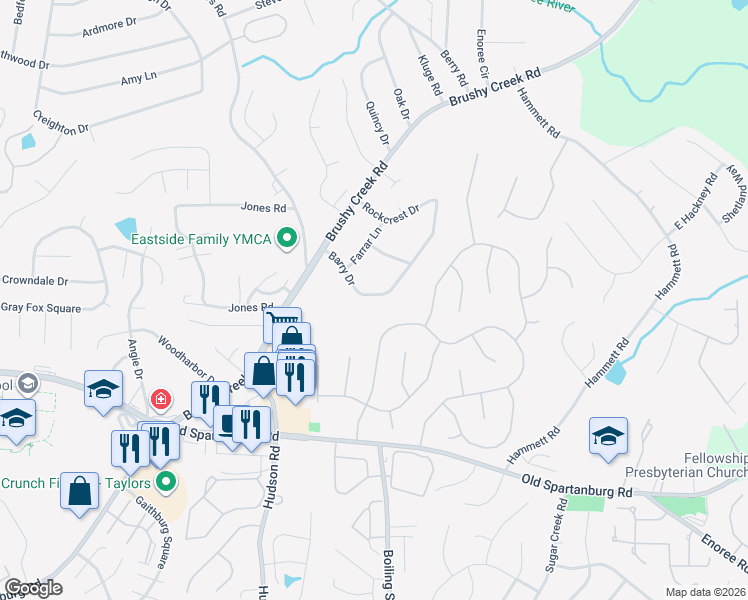 map of restaurants, bars, coffee shops, grocery stores, and more near 210 Barry Drive in Greer