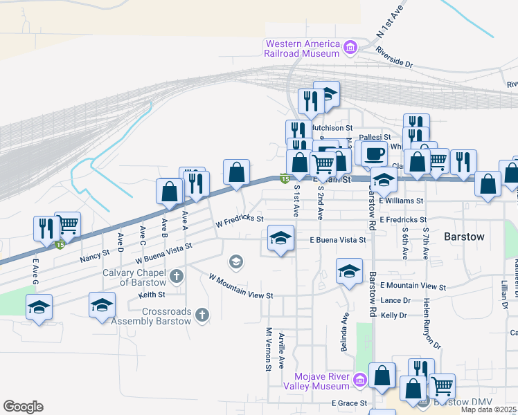 map of restaurants, bars, coffee shops, grocery stores, and more near 201 West Williams Street in Barstow