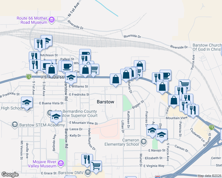 map of restaurants, bars, coffee shops, grocery stores, and more near 814 East Williams Street in Barstow