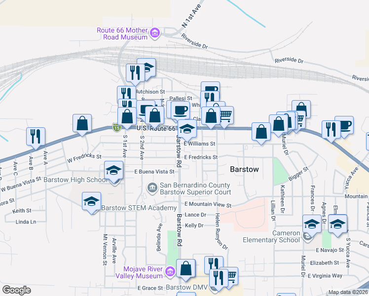 map of restaurants, bars, coffee shops, grocery stores, and more near 504 East Williams Street in Barstow