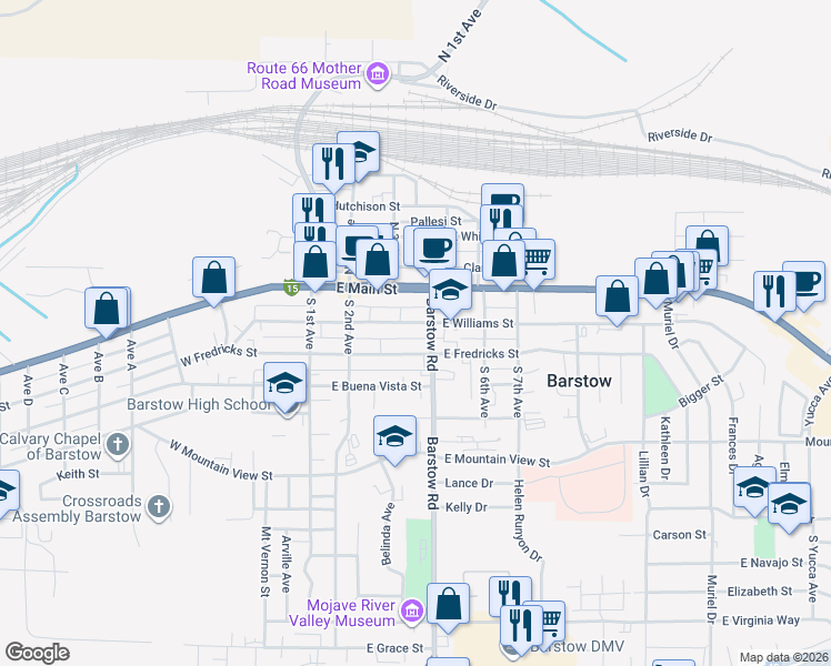 map of restaurants, bars, coffee shops, grocery stores, and more near 310 East Williams Street in Barstow