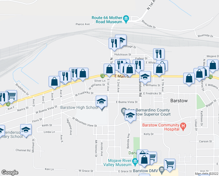 map of restaurants, bars, coffee shops, grocery stores, and more near 112 East Williams Street in Barstow
