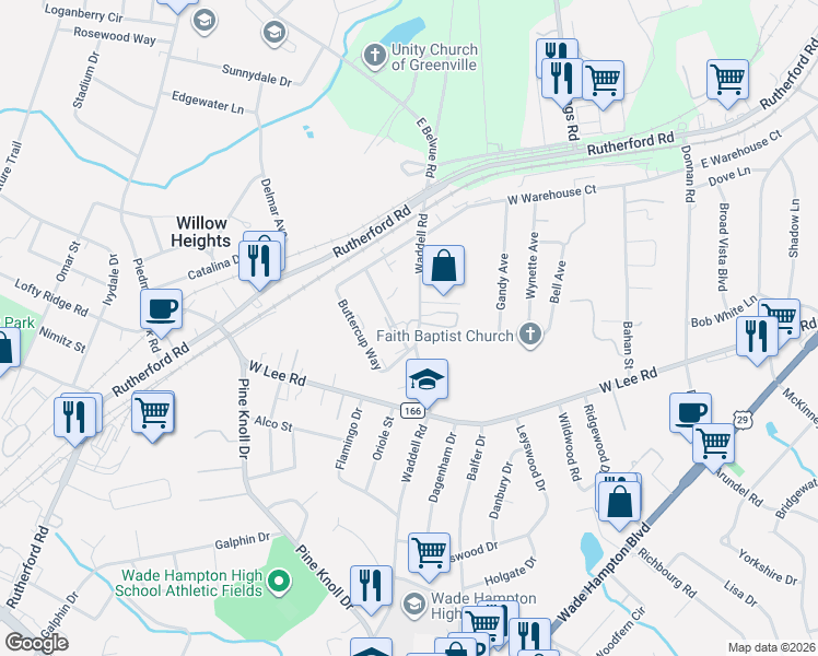 map of restaurants, bars, coffee shops, grocery stores, and more near 308 Waddell Road in Taylors