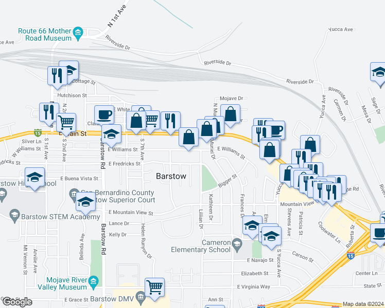 map of restaurants, bars, coffee shops, grocery stores, and more near 872 East Williams Street in Barstow