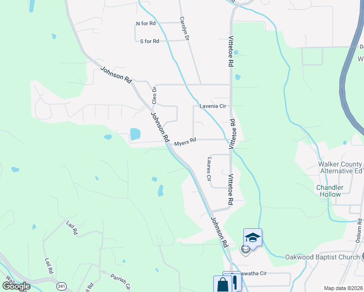 map of restaurants, bars, coffee shops, grocery stores, and more near 261 Myers Road in Chickamauga