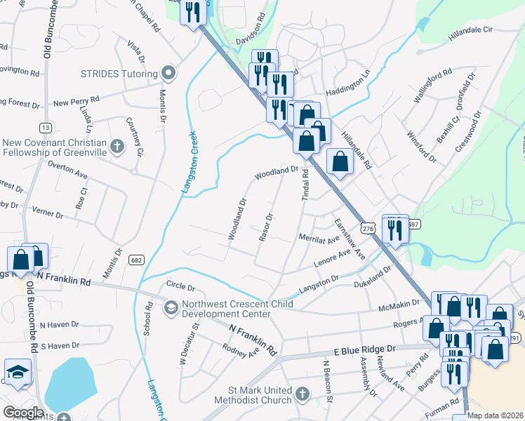 map of restaurants, bars, coffee shops, grocery stores, and more near 127 Rasor Drive in Greenville