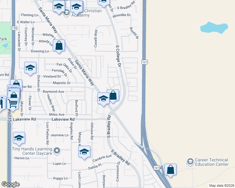 map of restaurants, bars, coffee shops, grocery stores, and more near 3455 Greenacre Drive in Santa Maria