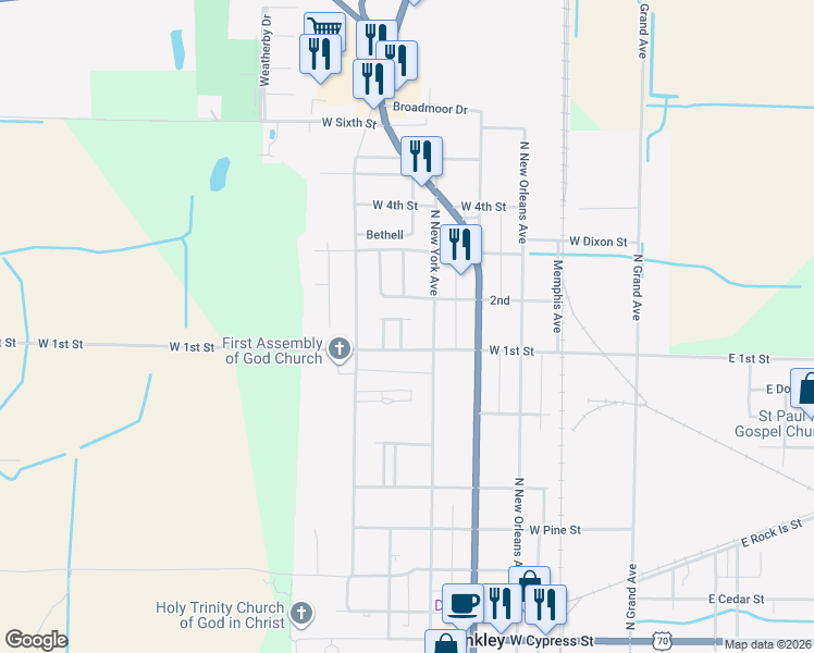 map of restaurants, bars, coffee shops, grocery stores, and more near 812 North Green Clover Avenue in Brinkley