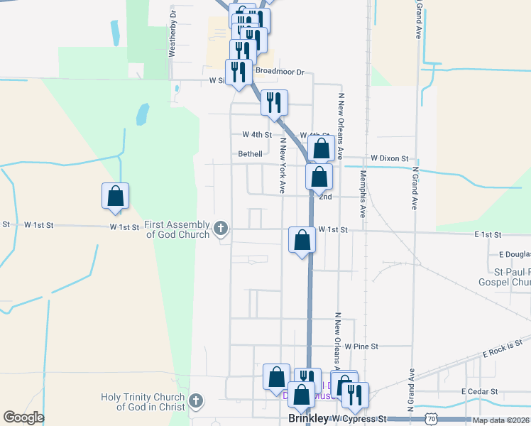 map of restaurants, bars, coffee shops, grocery stores, and more near 812 North Green Clover Avenue in Brinkley