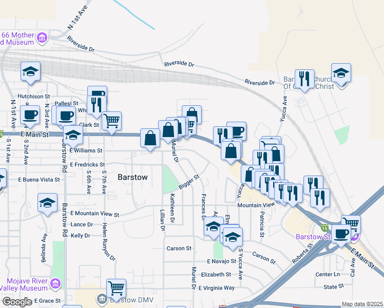 map of restaurants, bars, coffee shops, grocery stores, and more near 1016 East Williams Street in Barstow
