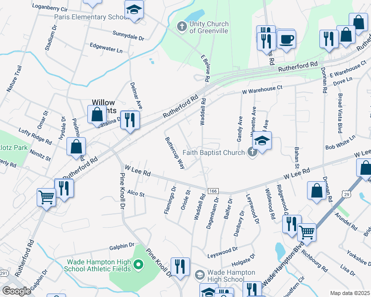 map of restaurants, bars, coffee shops, grocery stores, and more near 108 Shockley Street in Taylors