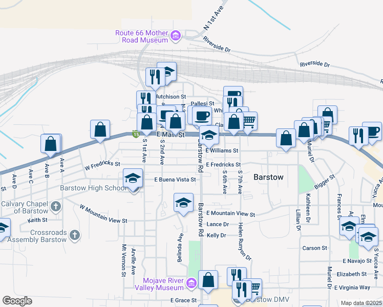 map of restaurants, bars, coffee shops, grocery stores, and more near 312 East Williams Street in Barstow