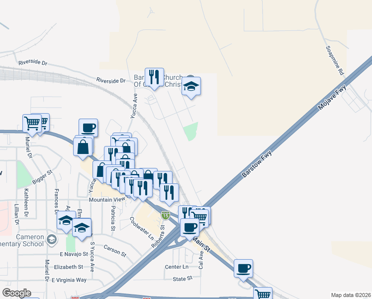 map of restaurants, bars, coffee shops, grocery stores, and more near 1507 Riverside Drive in Barstow