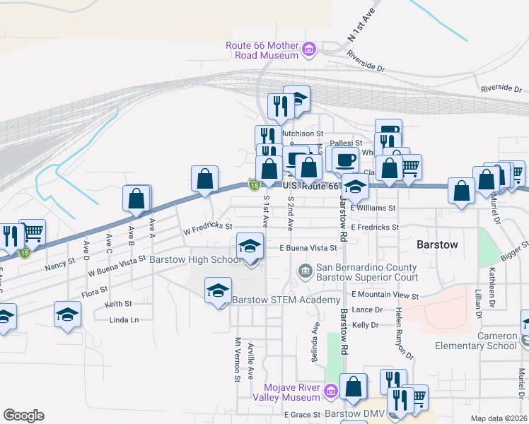 map of restaurants, bars, coffee shops, grocery stores, and more near 116 West Williams Street in Barstow