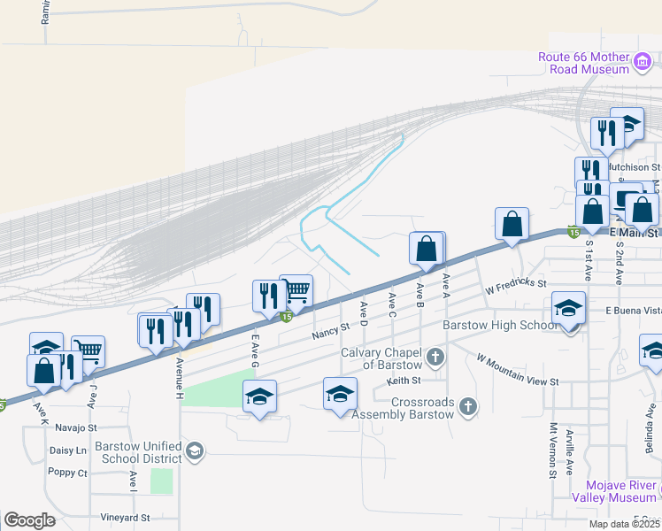 map of restaurants, bars, coffee shops, grocery stores, and more near 208 Bradshaw Drive in Barstow