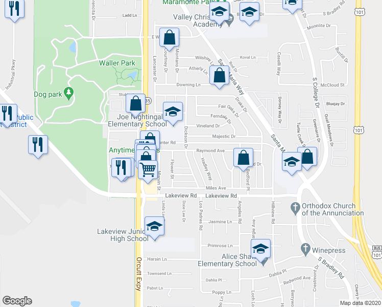 map of restaurants, bars, coffee shops, grocery stores, and more near 3430 Dickson Drive in Santa Maria