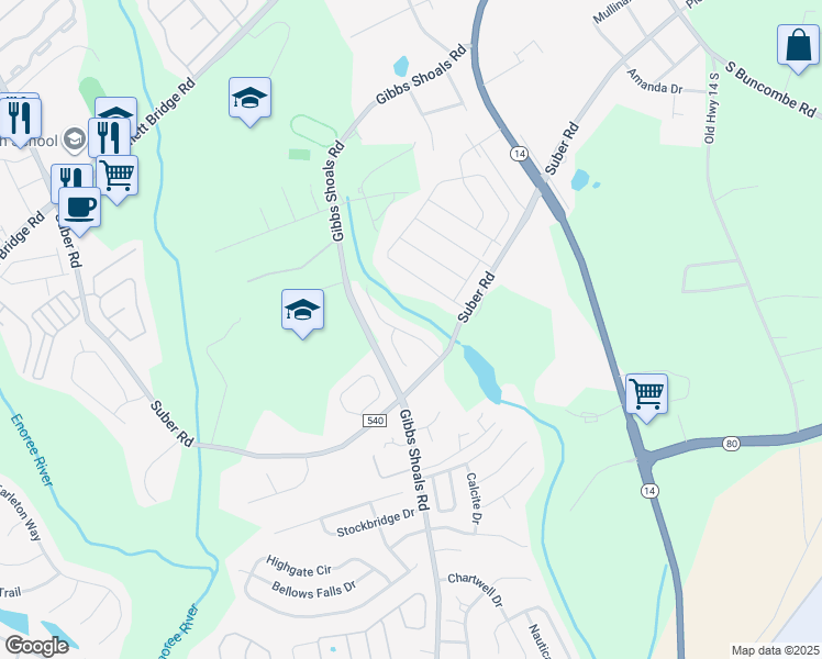 map of restaurants, bars, coffee shops, grocery stores, and more near 12 General Store Way in Greer