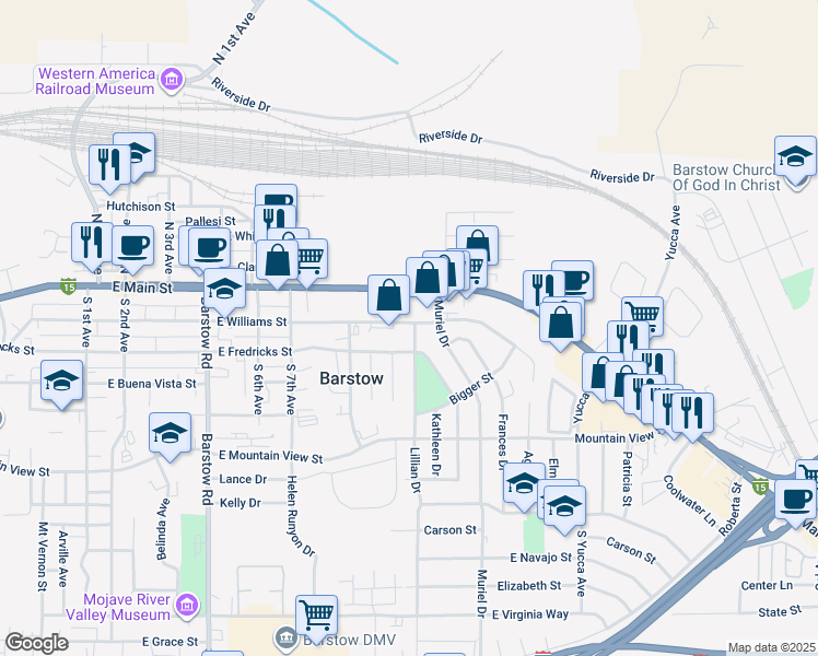 map of restaurants, bars, coffee shops, grocery stores, and more near 200 Lillian Drive in Barstow