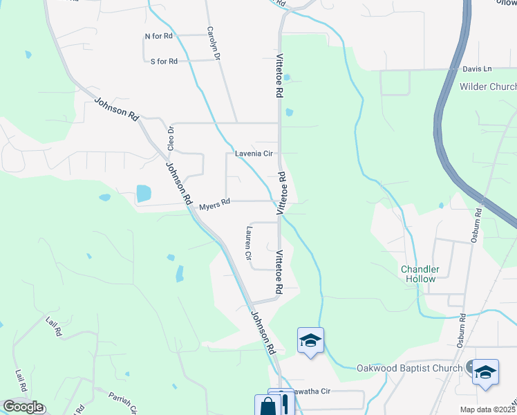map of restaurants, bars, coffee shops, grocery stores, and more near 85 Myers Road in Chickamauga