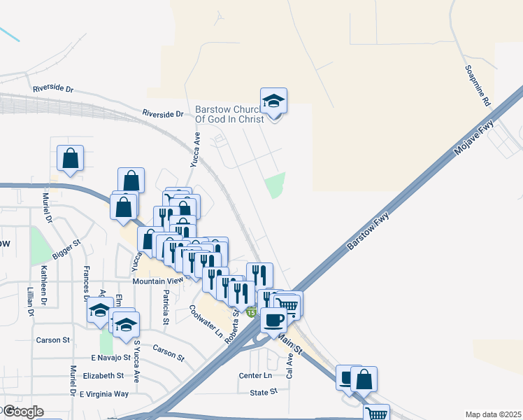 map of restaurants, bars, coffee shops, grocery stores, and more near 1491 Riverside Drive in Barstow