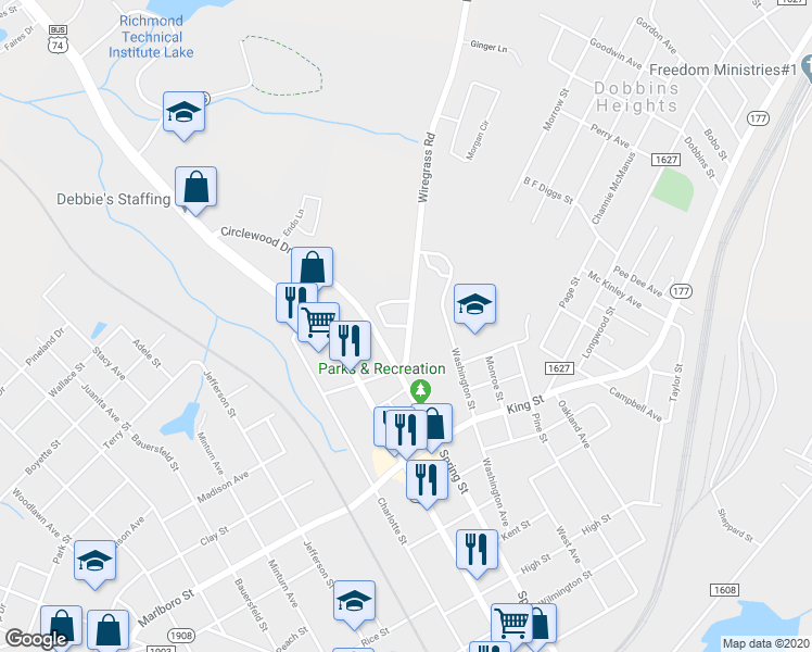 map of restaurants, bars, coffee shops, grocery stores, and more near 1506 Quail Hollow Drive in Hamlet