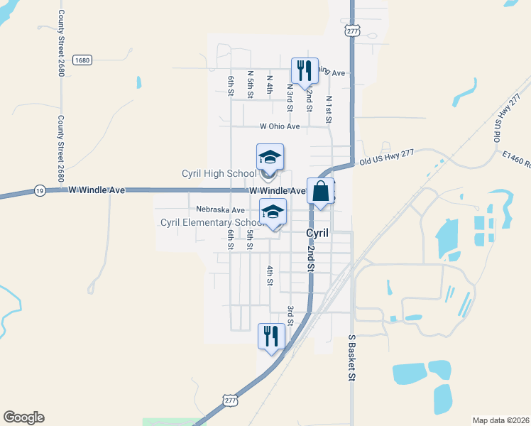 map of restaurants, bars, coffee shops, grocery stores, and more near 115 4th Street in Cyril