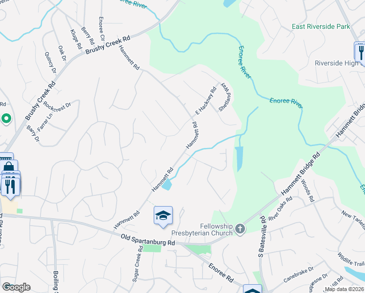 map of restaurants, bars, coffee shops, grocery stores, and more near 313 Hammett Road in Greer