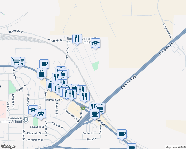 map of restaurants, bars, coffee shops, grocery stores, and more near 1507 Riverside Drive in Barstow
