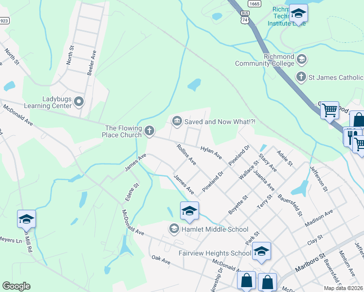 map of restaurants, bars, coffee shops, grocery stores, and more near 1204 Rollins Avenue in Hamlet