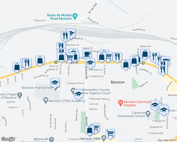 map of restaurants, bars, coffee shops, grocery stores, and more near 504 East Williams Street in Barstow