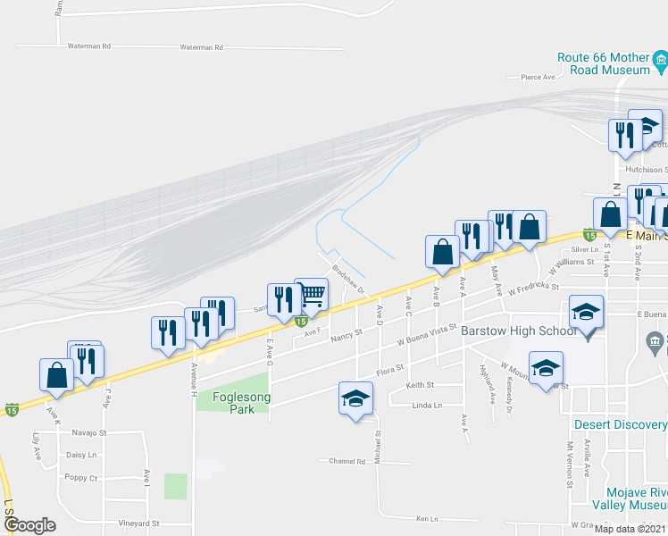 map of restaurants, bars, coffee shops, grocery stores, and more near 301 Bradshaw Drive in Barstow